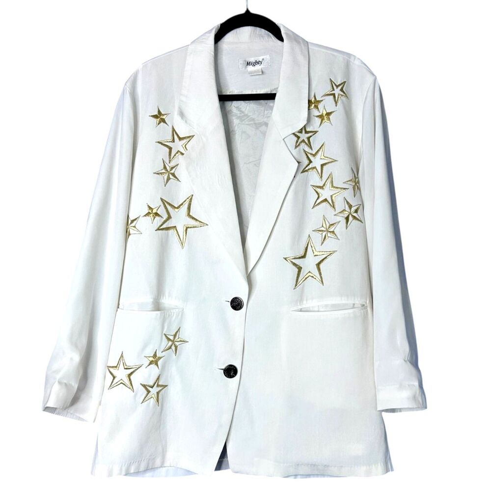 Vintage Womens White Stars Single Breasted Blazer XL USA Patriotic Glam Sparkle